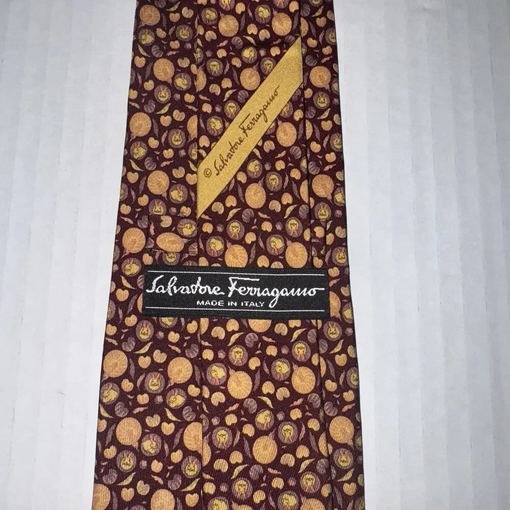 Salvatore Ferragamo Tie Mens Silk Burgundy Gold Novelty Faces Pumpkins Fall